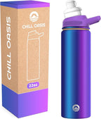 Chill Oasis Water Bottle | Compatible With Popular Flavor Cartridges | BPA Free, Leak Proof, Double-Walled Vacuum Insulated Stainless Steel, and Dishwasher Safe | Cold for 24 Hours (Aura, 22oz)