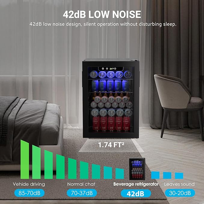 EUHOMY 100 Can Beverage Refrigerator cooler-Mini Fridge Glass Door for Beer Drinks Wines, Freestanding Beverage Fridge with Adjustable Shelves Blue LED for Home/Office/Dorm/Bar, 2.7 cu.ft