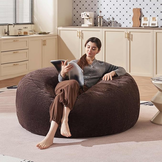 Bean Bag Chair 4Ft, Memory Foam Filled, Large Beanbag Chairs for Adults and Teens, Soft Sofa with Removable Flannel Cover, Round Couch for Living Room Bedroom College Dorm (Brown, 4FT-47×47"×24")