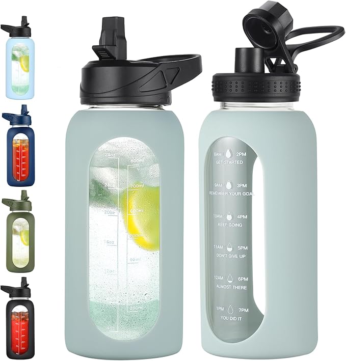 32 oz Glass Water Bottle with Straw and Handle, Sports Motivational Water Flask with Silicone Sleeve, Large Leakproof Water Flask Cup with Time Marker for Travel, Gym, Sage