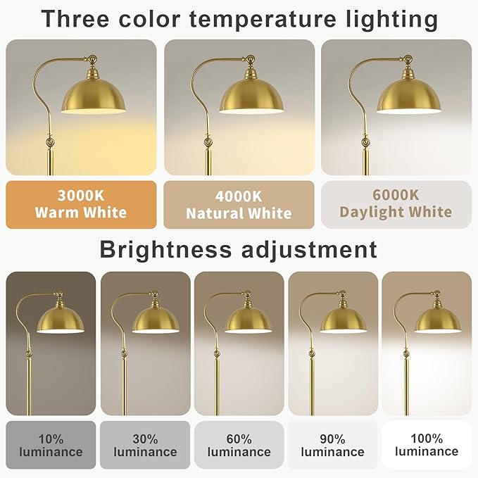 Bright LED Gold Reading Floor Lamp with Remote Control and Bluetooth Dimming,Living Room Bedroom Bedside Office Study Library Adjustable Standing Tall Lights, Unique Modern Brass Home Decor Essentials