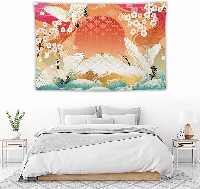 HZOHNAGO Japanese Tapestry Cherry Blossom Crane Sea Wave Fuji Mountain Red Sun Pattern Printed Wall Tapestry Painting Wall Hanging for Bedroom Living Room Dorm 90" W x 60" H