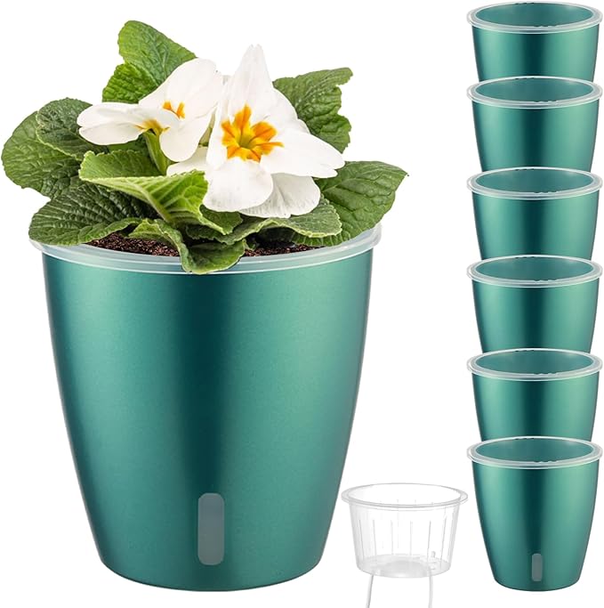 Self Watering Pots for Indoor Plants, 6-Pack 5'' Self Watering Planter with Drainage Holes, Small African Violet Pots with Water Indicator, Clear Wick Orchid Pot, Blue Gold