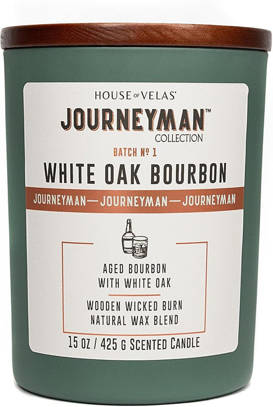 Journeyman Collection Candle, 15oz, Wooden Wick, White Oak Bourbon, Large Painted Jar