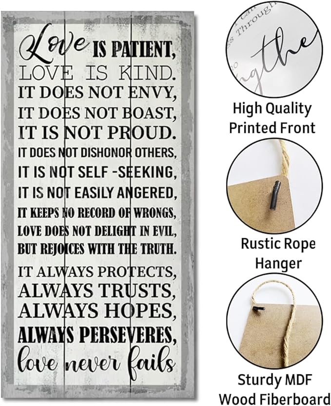 1 Corinthians 13:4-8 Inspirational Hanging Wood Decor Sign, Printed Wood Sign, Love is Patient, Love is Kind Quote, Hanging Bible Verses Woods Wall Signs, Rustic Home Decor Signs, Christian Gift J1
