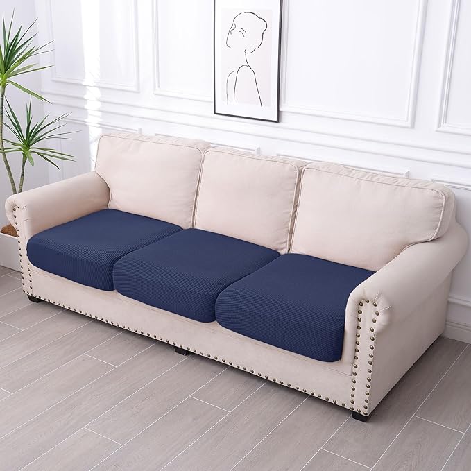 hyha Waterproof Couch Cushion Covers for Pets, Non Slip Sofa Seat Cover for Dogs Washable, Soft Thick Stretch Jacquard Fabric, Sofa Slipcovers with Elastic Bottom (3 Pieces, Navy)