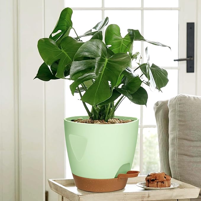 Uneed Indoor Self Watering Planters with Drainage Holes and Saucers, 7/6.5/6/5.5/5 Inch-5 Pots,for Indoor Plants, Herbs, Succulents-Green