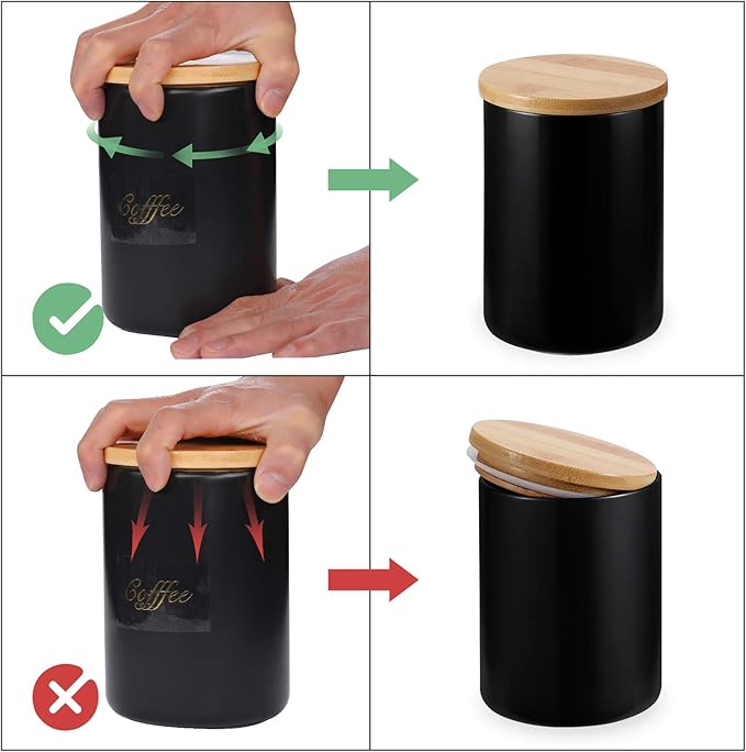 Yangbaga Black Canisters Sets for Kitchen-Set of 3 Coffee Canisters for Countertop with Airtight Wood Lids/Spoons/Stickers, Ceramic Food Storage Containers for Large Suger,Coffee,Tea (42/30/9OZ)