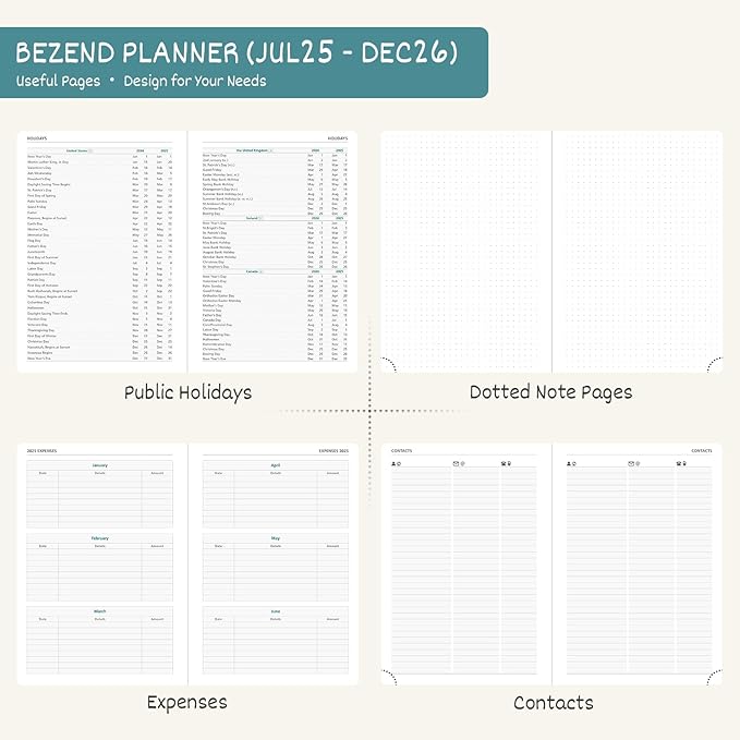 BEZEND Planner 2025-2026 Weekly and Monthly, 5.8" x 8.5" Academic Calendar (Jul 25-Dec 26) Vertical Daily Appointment with Hourly Timeslot & Monthly Tab, PU Leather Hardcover - Kiwi