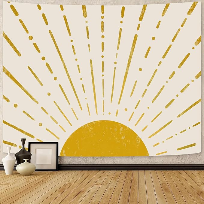 Kanuyee Gold Boho Burning Sun Tapestry Wall Hanging, Retro 70s Abstract Vintage Geometric Line Sunrise Tapestries for Bedroom Living Room Backdrop 36×48 inch