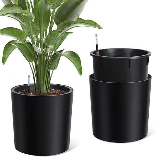 Tall Round Planter Set of 2, 20" Large Planter Pots with Built-in Drainage and a Water Level Monitor and Wheels for Patio, Porch, Living Room, or Home Office