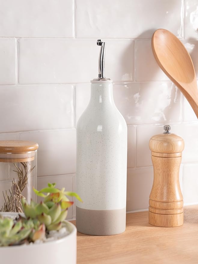 famiware Milkyway 16oz Ceramic Olive Oil Dispenser Bottle, 1 Piece Oil Dispenser for Kitchen with Stainless Steel Pourers, Suitable for Storage Vinegar, Soy Sauce, Coffee Syrup, Liquids, White