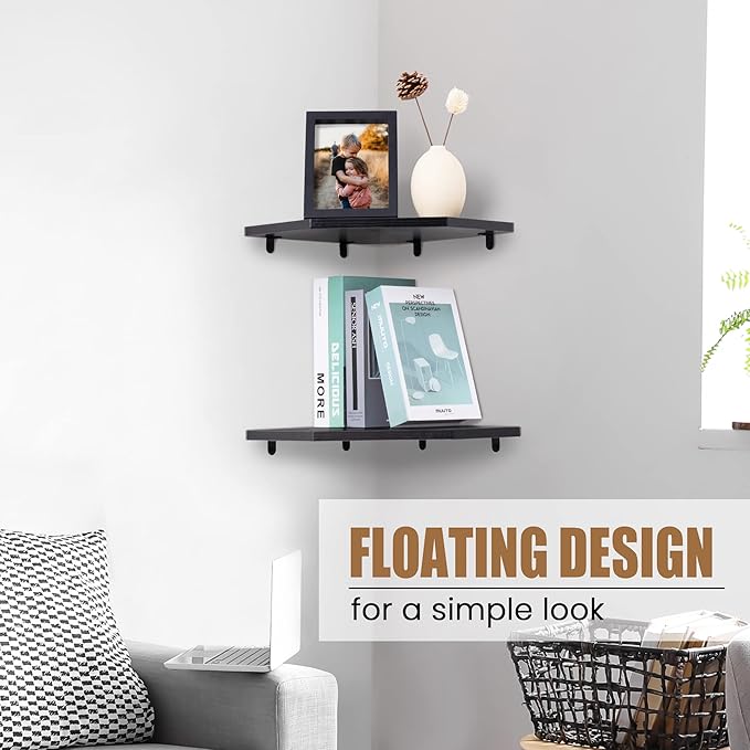Corner Shelf Wall Mount, Floating Corner Shelves, Set of 4 Corner Wall Shelf Organizer, Rustic Wood Wall Storage Display Shelves for Living Room Bedroom Bathroom Kitchen, Classic Black