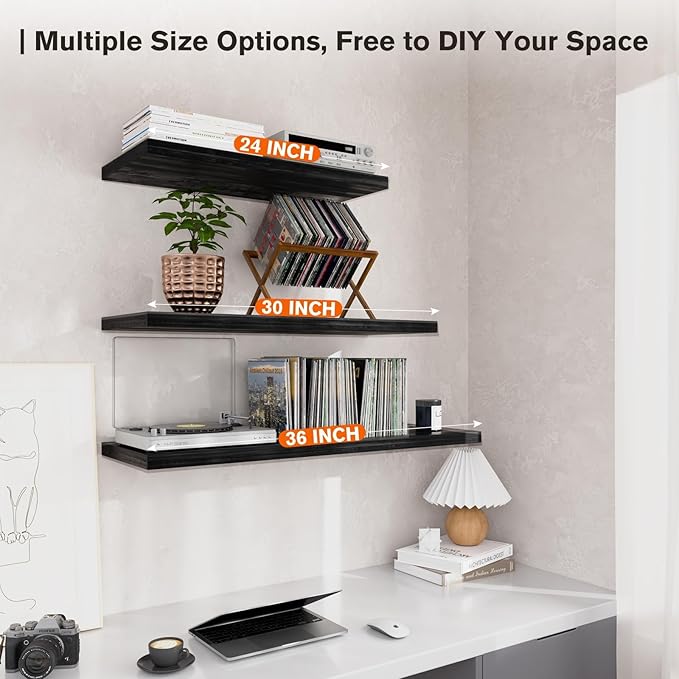 Wall Shelf Set of 2,Dark Wood Floating Shelves 30 in W x 10 in D x 1 in H, Wooden Floating Wall Shelf with Invisible Brackets for Living Room/Bedroom/Bathroom/Kitchen Storage and Decor