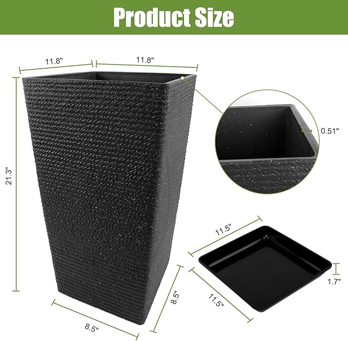 Tall Black Planter Set of 2 for Outdoor Indoor Plants,21.3in Large Tapered Plant Pots with Drainage Trays Holes,Resin Extra-Thick Flower Pots for Outdoor Patio Front Porch Backyard Decor