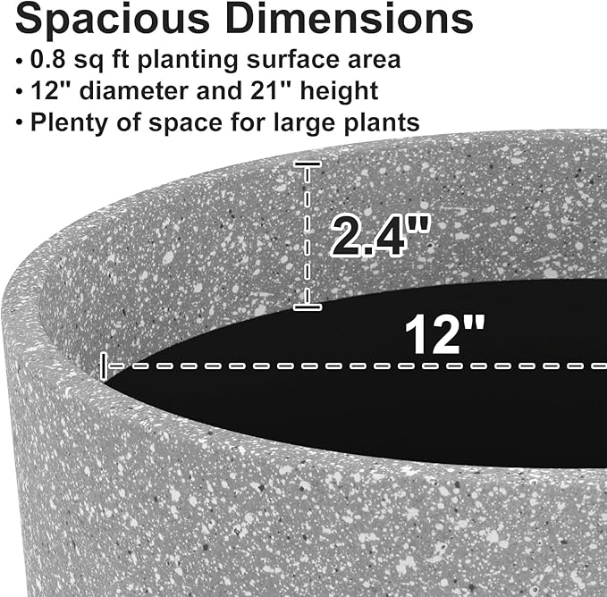 Tall Flower Pot Indoor - Outdoor Plant Pot - Gray Rough Planter - Elegant Stone Imitation - 12" Diameter 21" Tall with Drainage Holes and Saucer