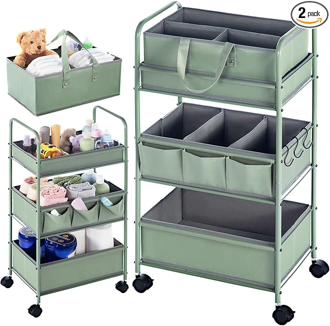 Honeydak 2in1 Baby Diaper Caddy Organizer Cart 3 Tier Large Capacity Metal Utility Bedside Rolling Cart with Divider for Newborn Nursery Essential Must Have for Crib Bedroom Baby Shower(Green)