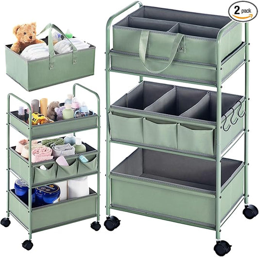 Honeydak 2in1 Baby Diaper Caddy Organizer Cart 3 Tier Large Capacity Metal Utility Bedside Rolling Cart with Divider for Newborn Nursery Essential Must Have for Crib Bedroom Baby Shower(Green)
