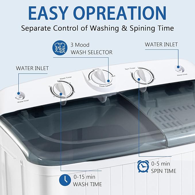 Portable Mini Twin Tub 32lbs Washing Machine With Drying Rack& 10 Hangers, 20lbs Washer & 12lbs Spinner, Small Laundry Washer with Time Control for Camping, Apartments, RV (32lbs)