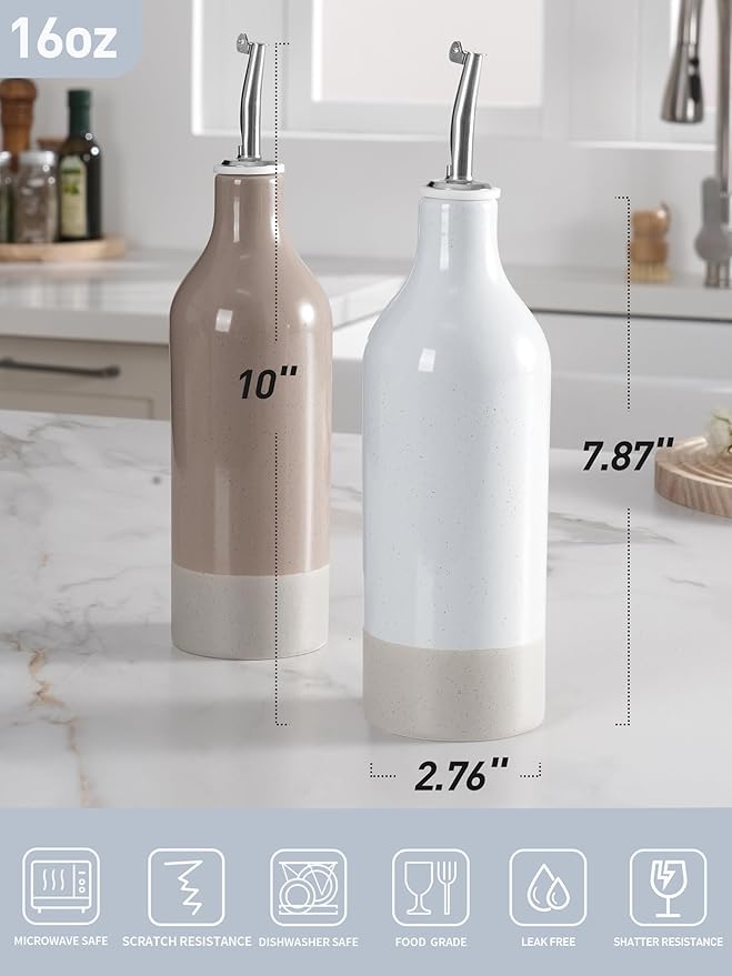 famiware Milkyway 16oz Ceramic Olive Oil Dispenser Bottle, Olive Oil and Vinegar Dispenser Bottle Set of 2 with Stainless Steel Pourers, Suitable for Storage Liquids, Light Gray and Cinnamon Brown