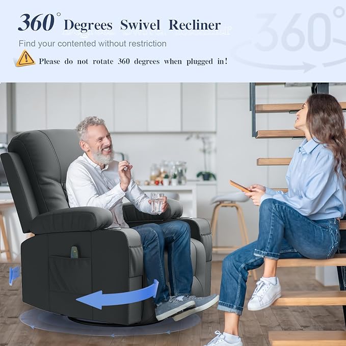 Recliner Chairs for Adults, Massage Rocker with Heated Modern Ergonomic Lounge 360 Degree Swivel Single Sofa Seat Living Room Lounge Recliners Gray