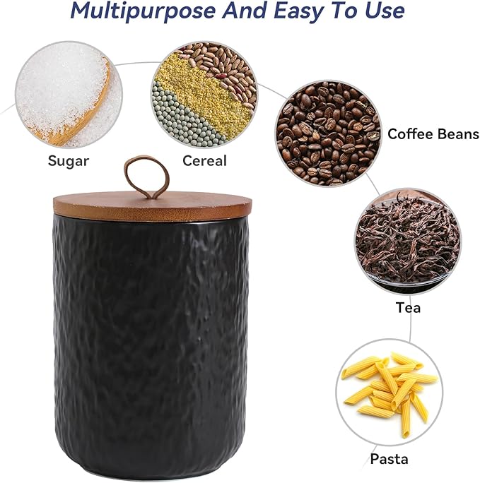 Kitchen Canisters for Countertop, Ceramic Coffee Canisters with Airtight Lids Food Storage Jars Sugar Container for Kitchen Counter Tea, Coffee Beans, Spice (#001Black-Set of 3)