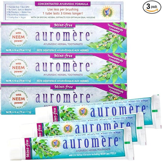 Auromere Ayurvedic Herbal Toothpaste, Mint Free - Vegan, Natural, Non GMO, Fluoride Free, Gluten Free, with Neem & Peelu (4.16 oz), 3 Pack