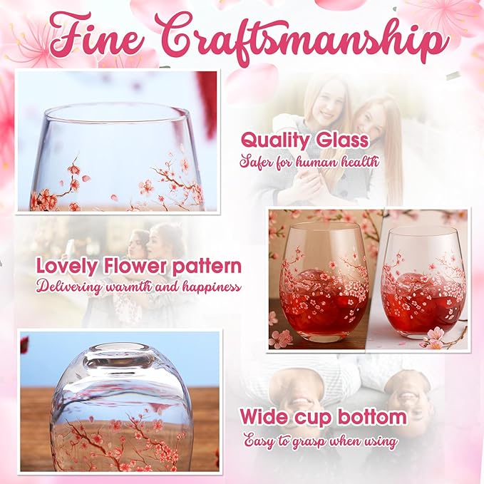 Sliner 2 Pack 17oz Cherry Blossom Stemless Wine Glasses Floral Drinking Glasses Cherry Blossom Tumbler Cups for Women Birthday Anniversary Gift Parties Supplies