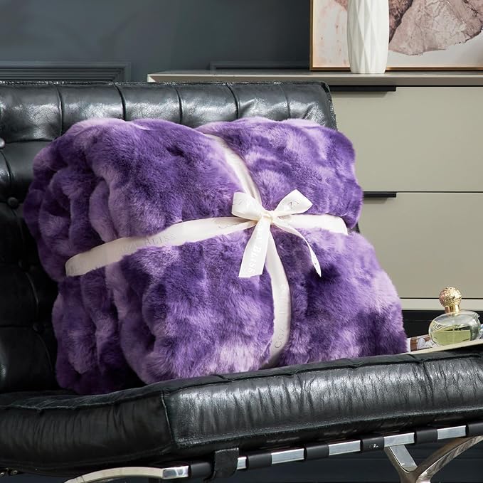 Cozy Bliss Faux Fur Throw Blanket for Couch, Fuzzy Soft Plush Thick Bubble Blanket for Sofa Bedroom Living Room, 60 * 80 Inches Tie-dye Purple