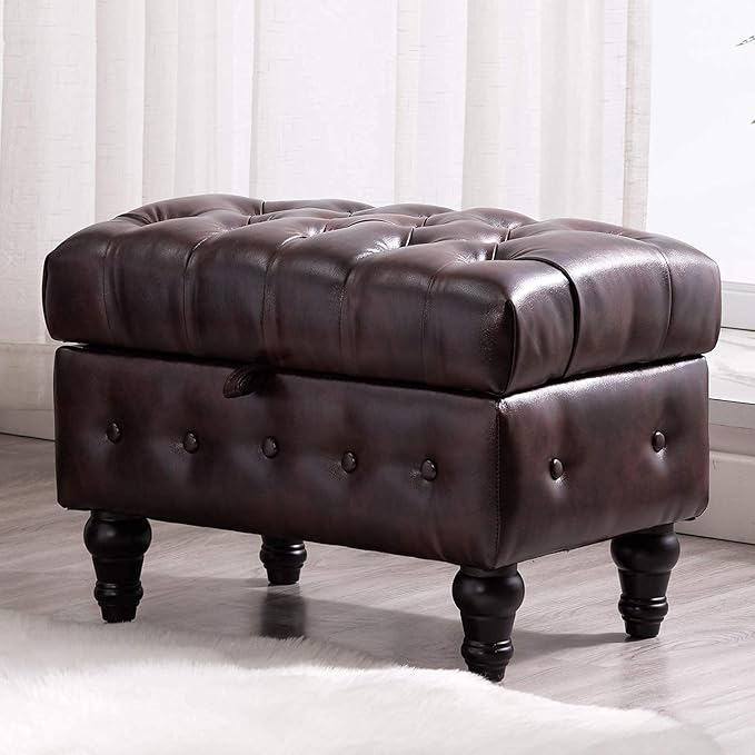 Artechworks Coffee Table Ottoman with Storage,Button Tufted PU Leather Upholstery Footstool Bed Ottoman for Living Room, Home Office, Space-Saving Storage Toy Box Stool, Brown