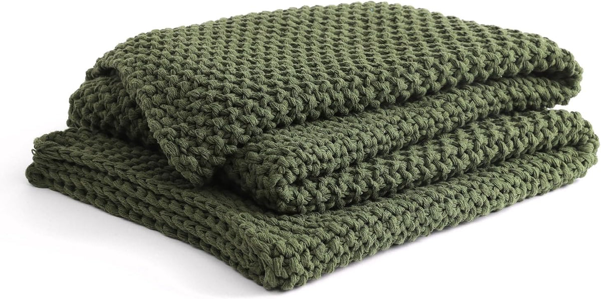 YnM Chunky Cotton Knit Throw Blanket, Cable Knit Throws for Bed Couch Sofa, Comfy & Relaxing, Decorative Piece for Farmhouse Modern Boho Rustic Scandinavian Chic Vibe, Pine Green 60x80 Inches