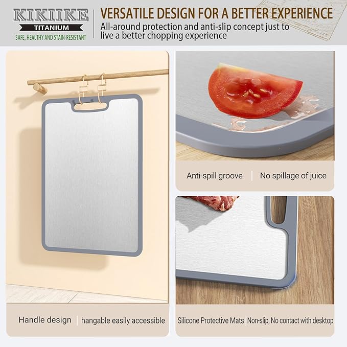 Titanium Cutting Board Double-sided non-slip silicone edging Pure Titanium Cutting Boards for Kitchen - Double-Sided Food-Grade Chopping Board Non-Stick Durable and easy to clean (Medium)
