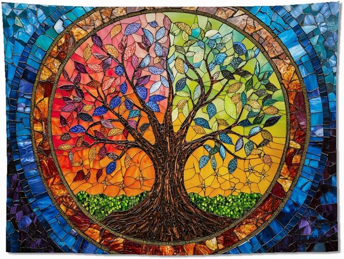 keowhsf Tree of Life Tapestry Wall Hanging – Colorful Stained Glass Look Wall Art with Fantasy Aesthetic, Large Tapestry for Bedroom, Living Room, Home Decor