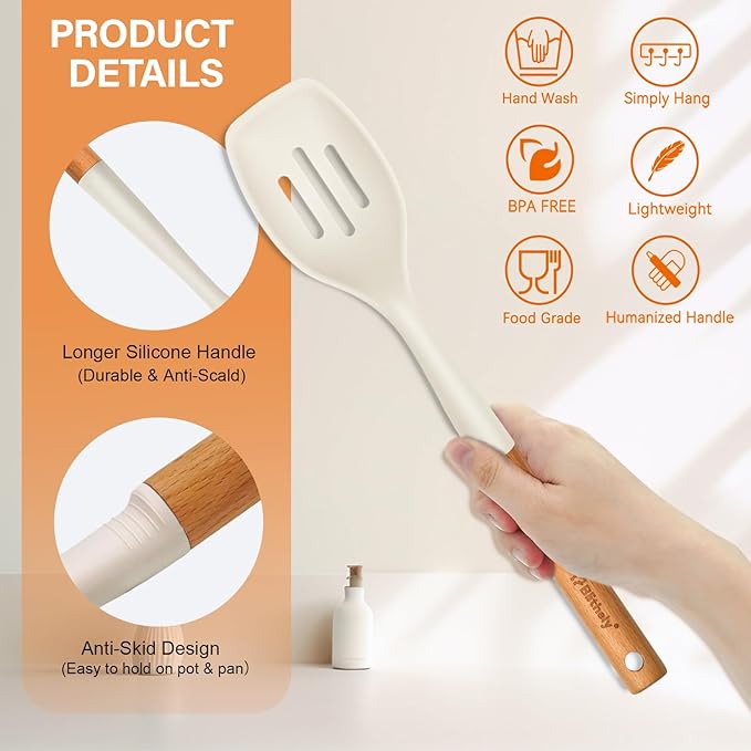 Large Silicone Cooking Spoon Set, 2 Pack Solid Slotted Spoon with Wooden Handle, Nonstick Silicone Kitchen Spoons for Cooking, Heat Resistan Spatula Set for Serving, Basting, Mixing (White)