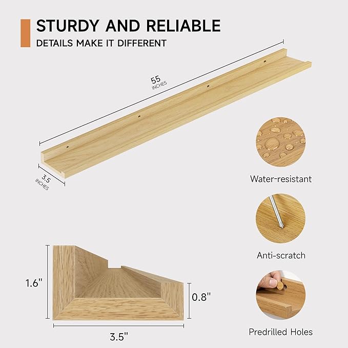 Floating Picture Ledge Shelves for Wall Set of 2, 55 Inches Picture Shelf with Ledge, Nursery Book Shelf for Toys Storage Kids Bookshelf Wall Mounted Living Room Bedroom Decor Frames, Oak