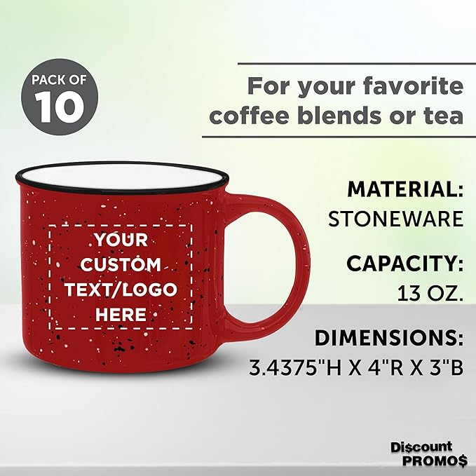 DISCOUNT PROMOS Custom Ceramic Campfire Coffee Mugs 13 oz. Set of 10, Personalized Bulk Pack - Perfect for Tea, Espresso, Cappuccino, Hot Cocoa - Red