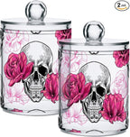 2 Pack Qtip Holder Dispenser Skull Rose Flower Bathroom Storage Canister Lid Acrylic Plastic Apothecary Jar Set Vanity Makeup Organizer for Cotton Swab/Ball/Round Pads, Floss