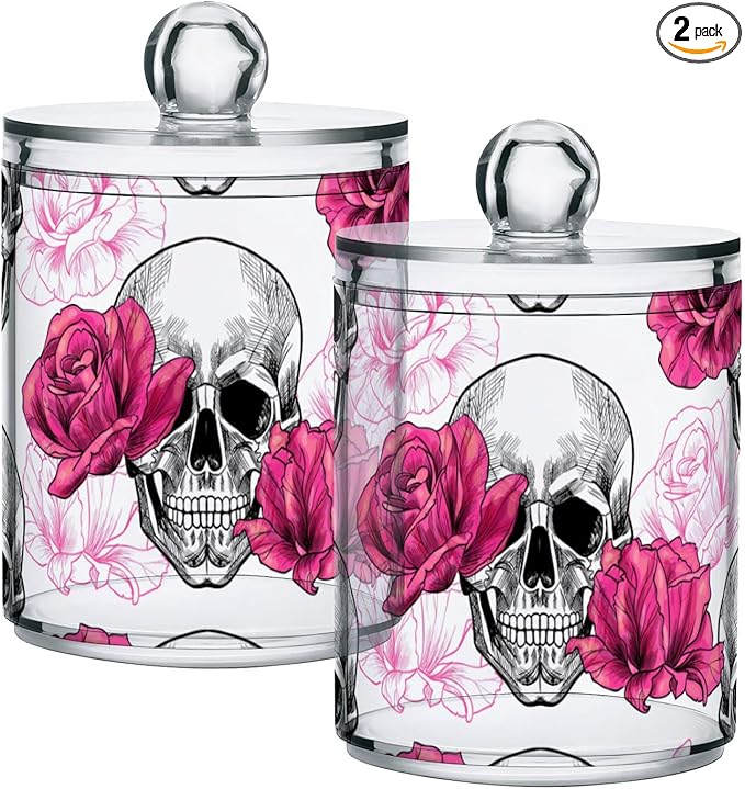 2 Pack Qtip Holder Dispenser Skull Rose Flower Bathroom Storage Canister Lid Acrylic Plastic Apothecary Jar Set Vanity Makeup Organizer for Cotton Swab/Ball/Round Pads, Floss