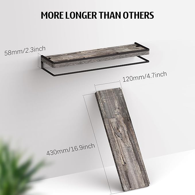 Meangood Floating Shelves Wall Mounted Set of 2, Wall Shelf with Towel Bar Rustic Wood Wall Storage Shelves for Bedroom,Living Room,Bathroom, Kitchen Pine