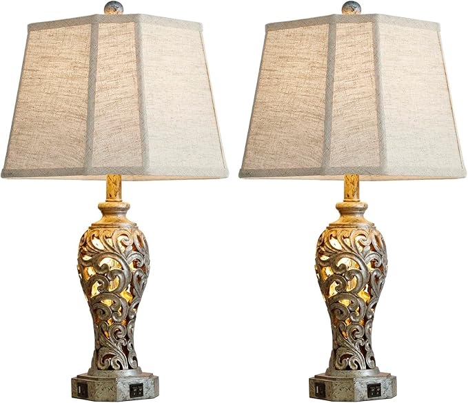 Vintage Table Lamps Set of 2 for Living Room Bedroom, 2 USB Ports 25'' Rustic Farmhouse Desk Lamp with Nightlight, Iron Gray Hollow Out Resin Lamp for End Table (Bulbs Included)