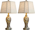 Vintage Table Lamps Set of 2 for Living Room Bedroom, 2 USB Ports 25'' Rustic Farmhouse Desk Lamp with Nightlight, Iron Gray Hollow Out Resin Lamp for End Table (Bulbs Included)