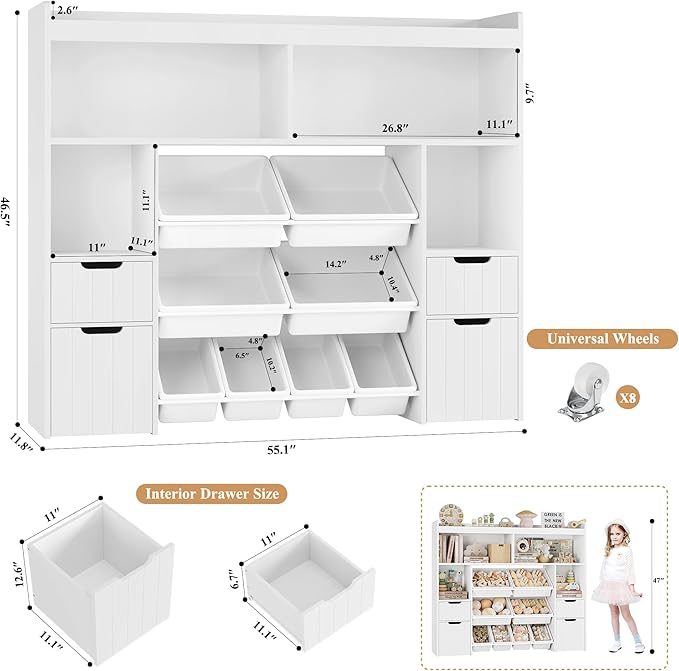 HORSTORS 55" W Toy Storage Organizer with Drawers, Large Kids Toy Storage Box with Removable Bins, Tall Kids Bookshelf and Bookcase for Boys and Girls, Modern Toy Chest for Playroom, Classroom, White