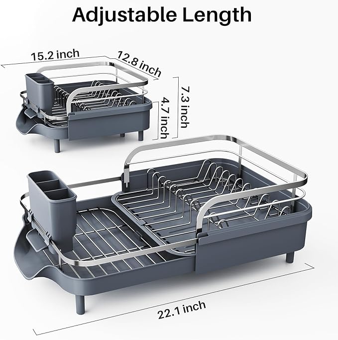 Dish Drying Rack, Expandable Dish Rack for Kitchen Counter, Stainless Steel Dish Drainer with Drainboard Set and Utensil Holder (Gray)