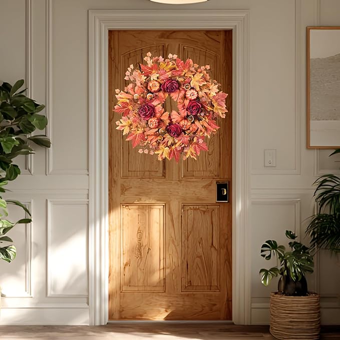 26'' Large Fall Wreath for Front Door, Autumn Wreaths for Outdoor Home Decor - Farmhouse Wreath with Maple Leaves, Pumpkins, Roses, Thanksgiving Decoration, Rustic Harvest Festival Door Hanging