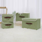 ANMINY 4PCS Storage Bins with Lid PU Leather Handles Storage Boxes PP Plastic Board Decorative Foldable Lidded Cotton Linen Fabric Home Cubes Baskets Closet Organizer Containers - Green, Small Size