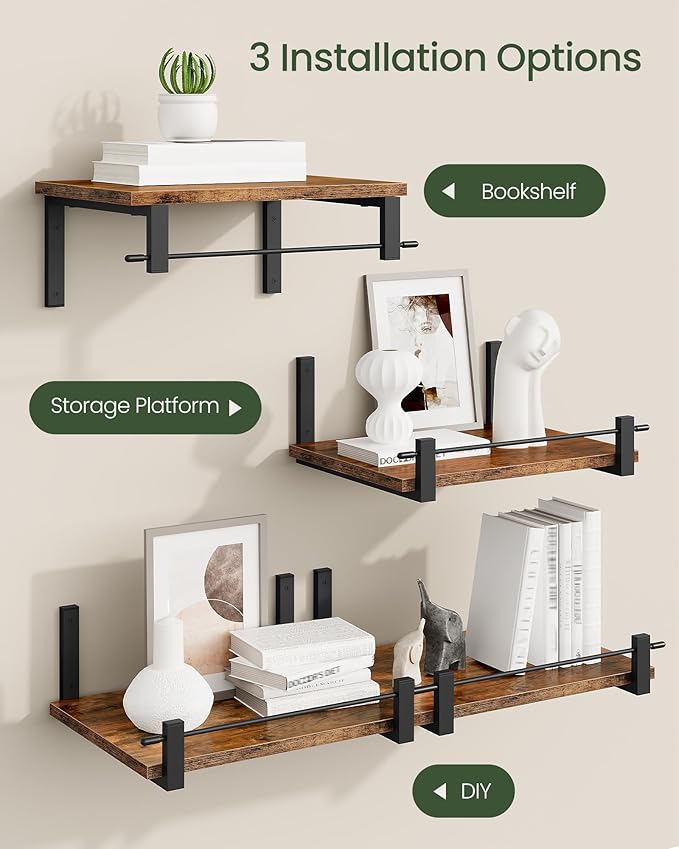 Deep Floating Shelves for Wall, 12 inch Wall Mounted Shelves Set of 2, Wide Floating Shelves for Living Room, Bedroom, Study, Bathroom, Rustic Brown and Black TBJ02P2BF