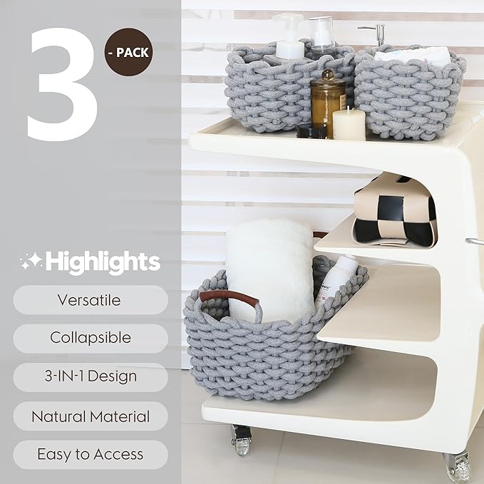 Sea Team 3-Pack Rectangle Woven Cotton Rope Storage Baskets with Handles, Shelf Basket, Closet Organizers, 3-in-1, Gray