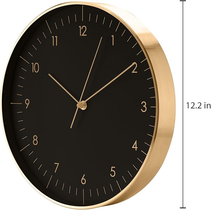 LUUK LIFESTYLE Modern Wall Clock with Silent Quartz Movement, Stylish & Functional, Decoration for Bedroom, 12 inch, in Black & Gold