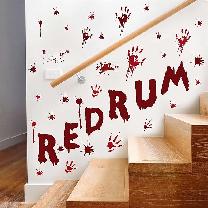 Halloween Redrum Murder Wall Decal Horror Ghost Hand Wall Decals Halloween Blood Splatter Decals Removable Peel and Stick Walls Stickers for Haunted House Party Window Decor