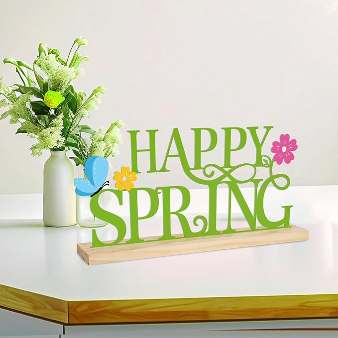 COCHIE Metal Happy Spring Sign, Spring Decorations for Home, Office, Shelf, Mantel, Indoor, Spring Flower Decor, Spring Butterfly Table Top Party Decoration (Spring)